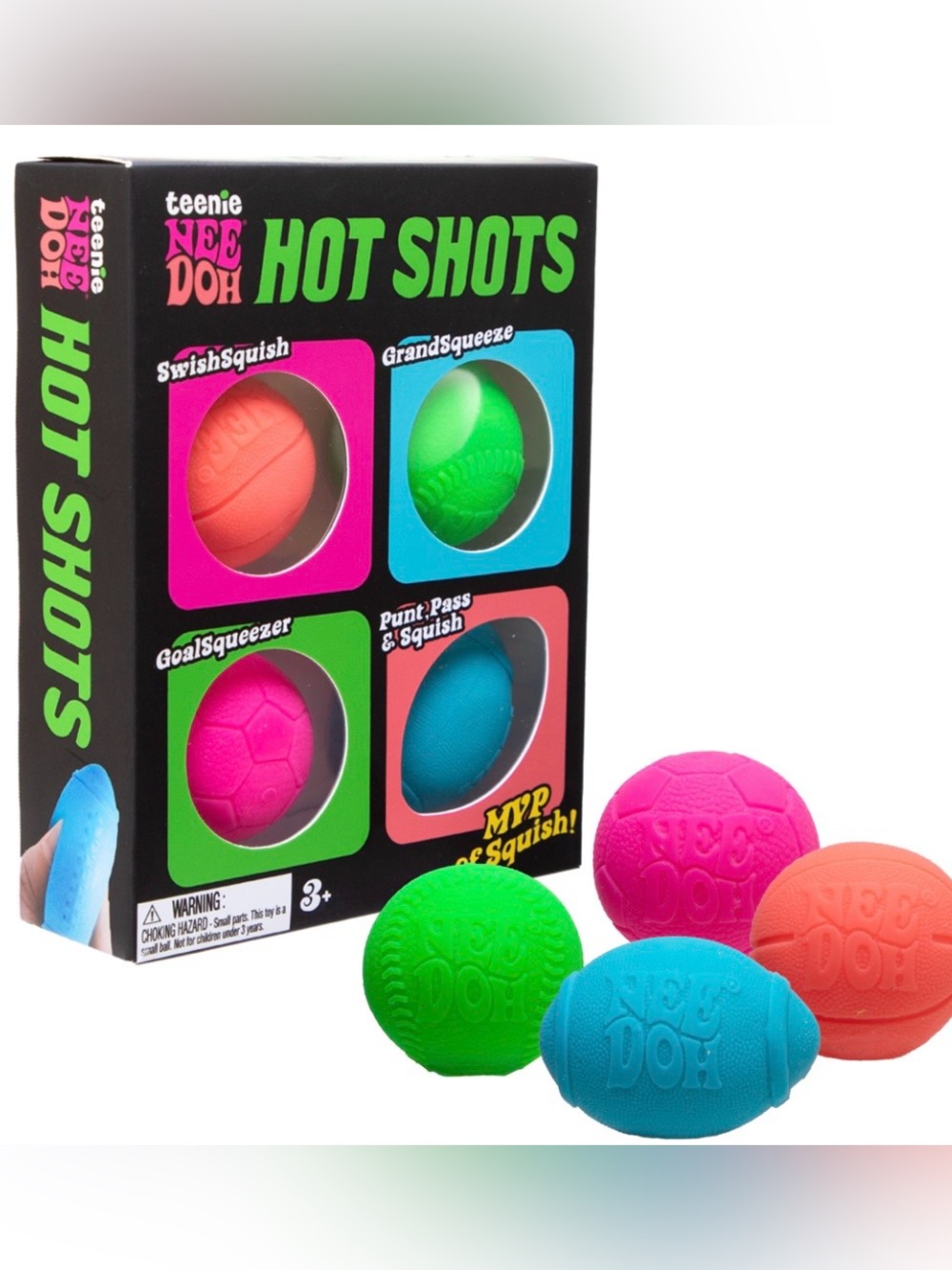 Teenie Nee Doh Hot Shots Squeezable Sports Ball Set - Pink, Orange, Green, Blue